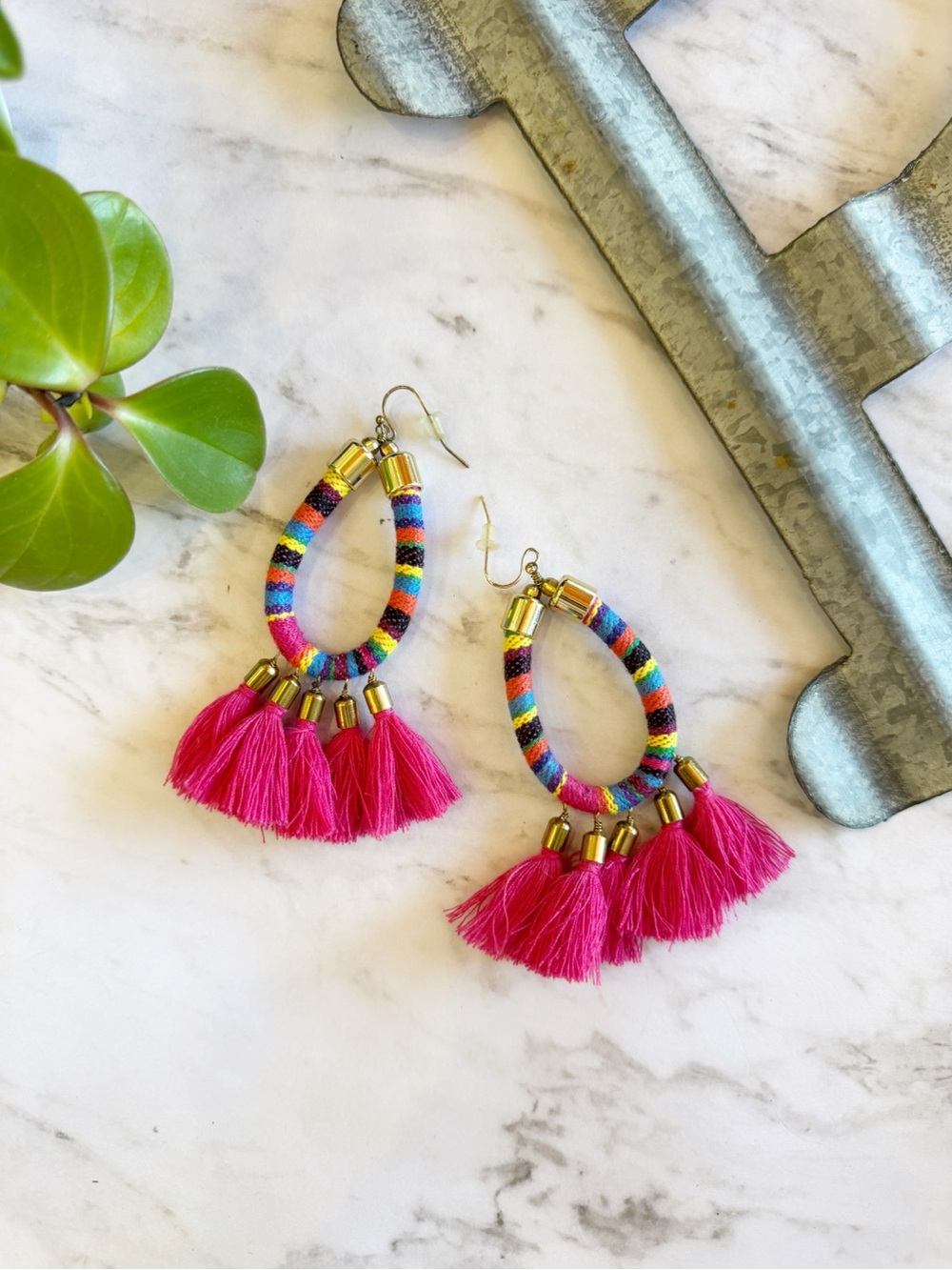 Bright Multicolor Hoop Earrings with Hot Pink Tassels